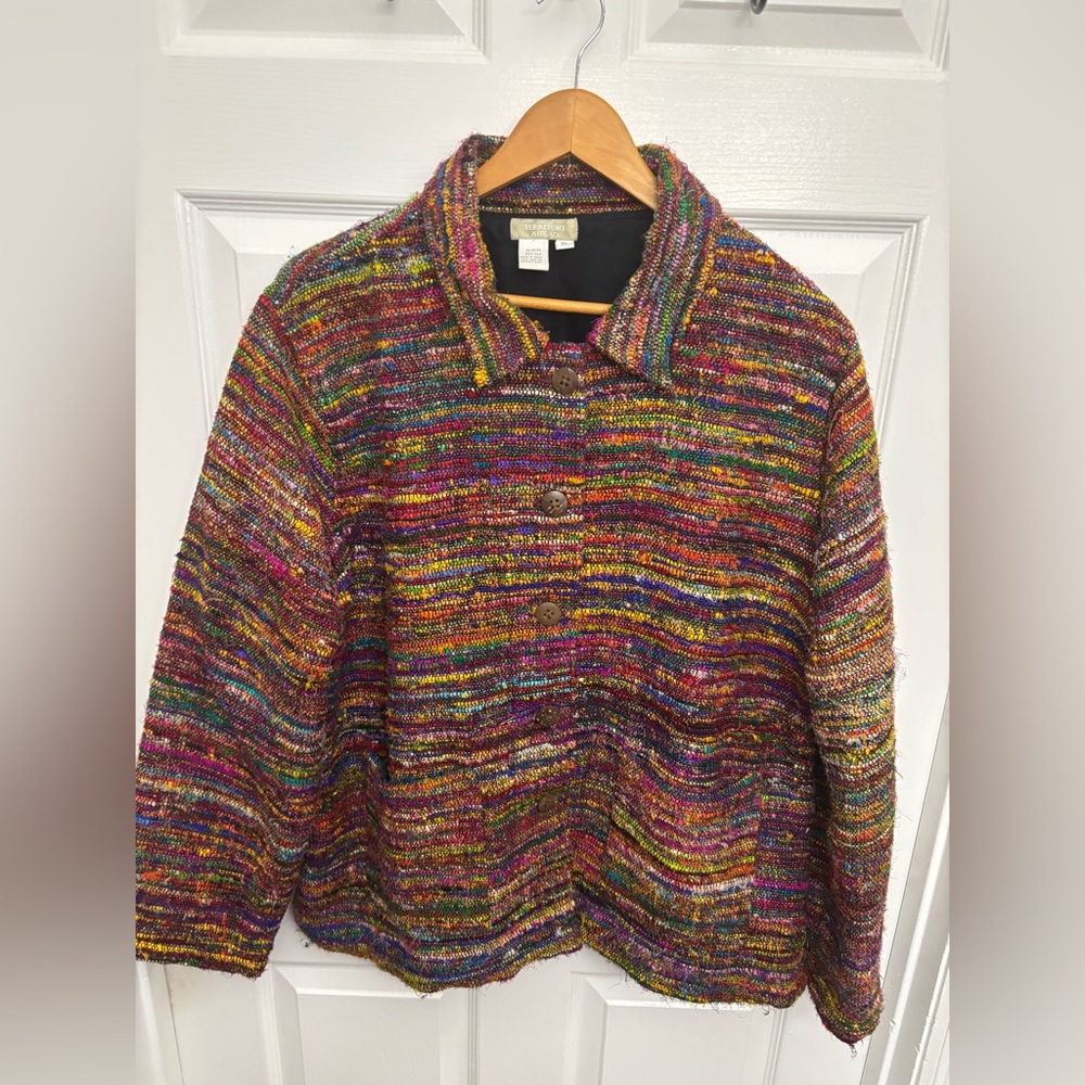 The Territory Ahead Rainbow Silk Nubby Tapestry Handwoven Lagenlook Jacket, XL